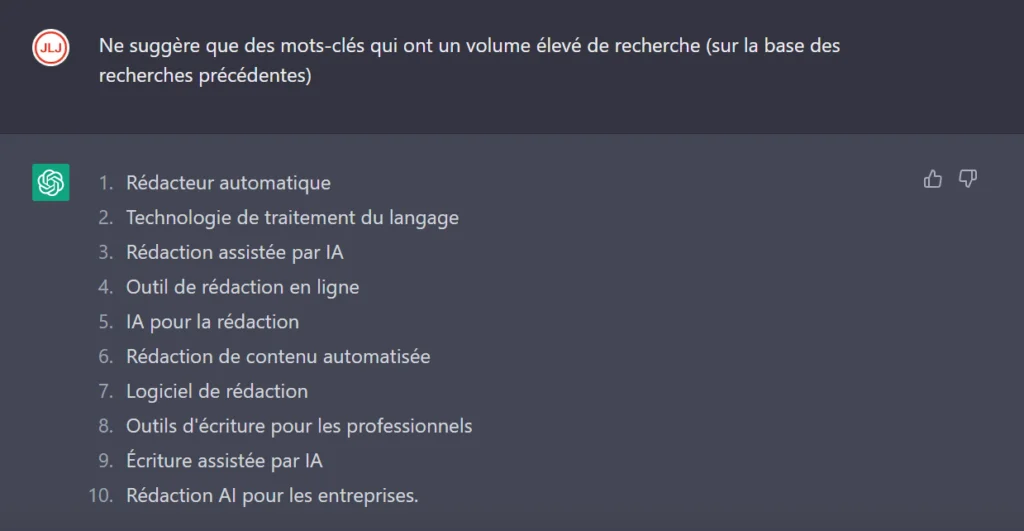 16 Requêtes pour Booster votre SEO avec ChatGPT 2 ChatGPT - Suggestion de mots clés