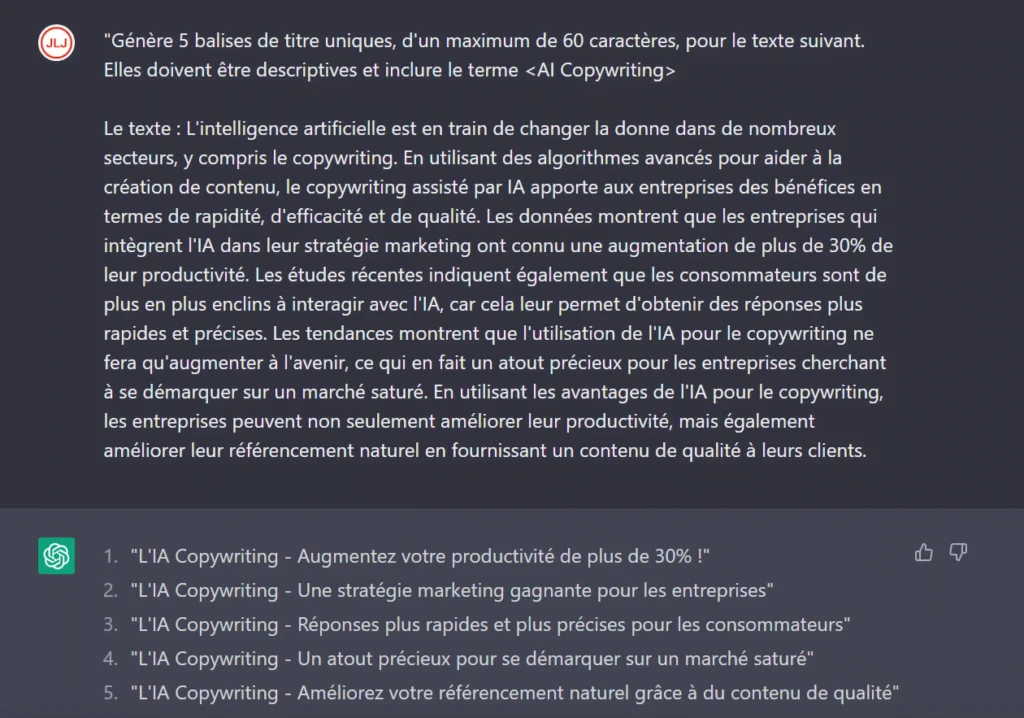 16 Requêtes pour Booster votre SEO avec ChatGPT 11 Générer des titres pertinents pour le contenu de vos pages avec ChatGPT