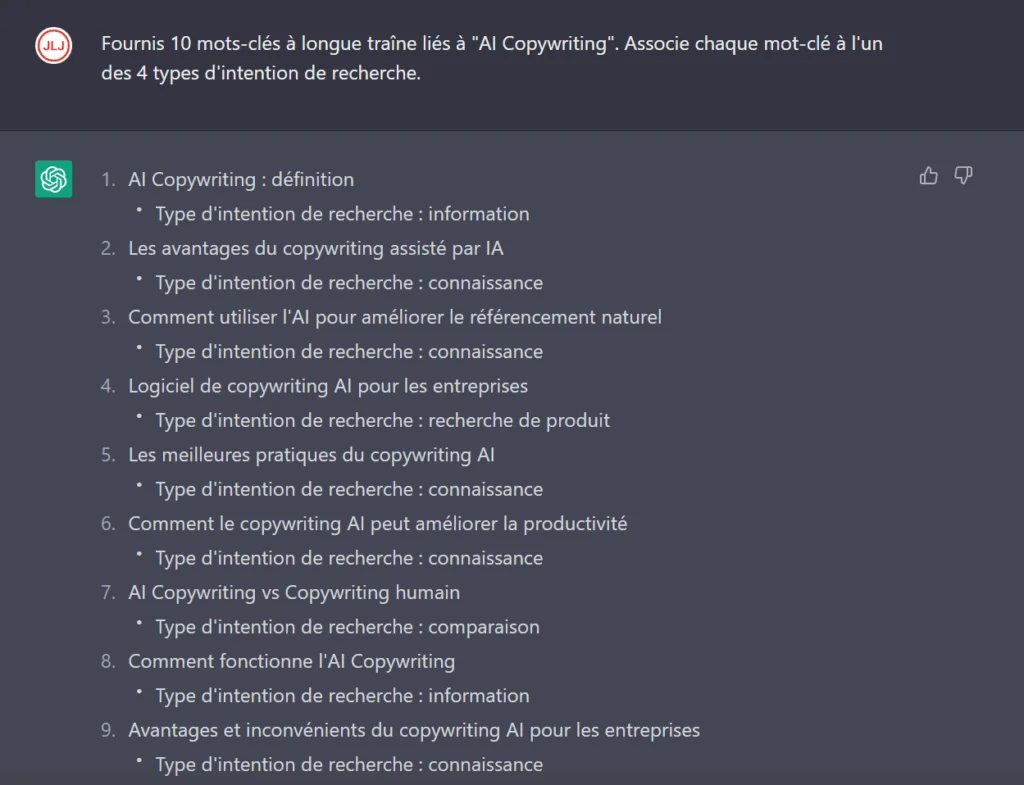16 Requêtes pour Booster votre SEO avec ChatGPT 5 Invite ChatGPT à générer sujets sémantiquement pertinents en lien avec un mot clé et à préciser les intentions de recherche