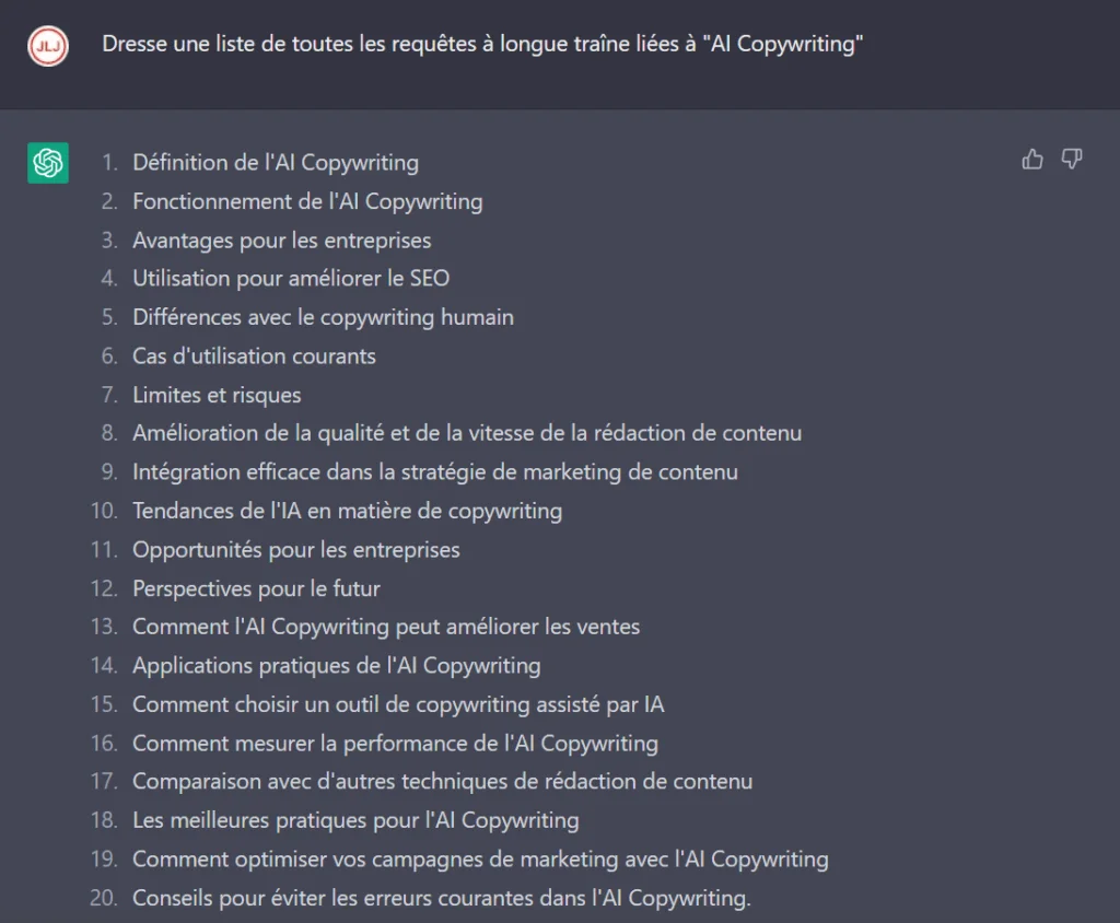 16 Requêtes pour Booster votre SEO avec ChatGPT 4 Trouver des requêtes à longue traîne à partir d'un mot clé